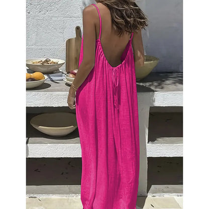 Women's Cotton Linen Backless Loose Dress with Pockets