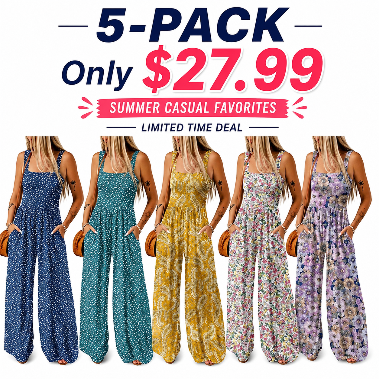 Women’s Casual Print Sleeveless Overalls Jumpsuits