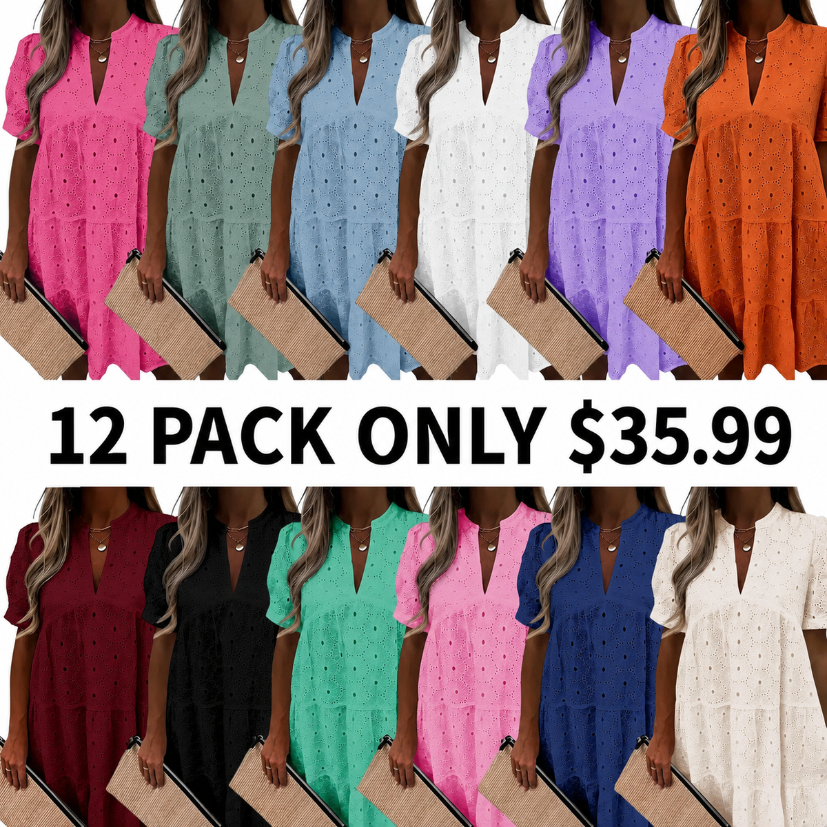 Women's Summer Lace Eyelet V-Neck Babydoll Dress