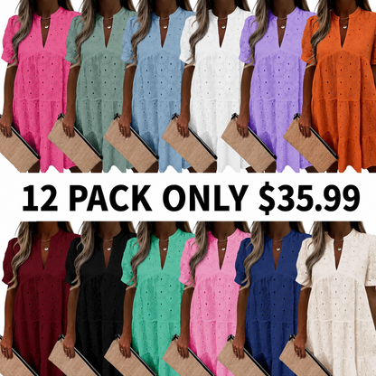 Women's Summer Lace Eyelet V-Neck Babydoll Dress