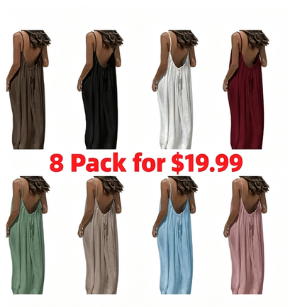 Women's Cotton Linen Backless Loose Dress with Pockets