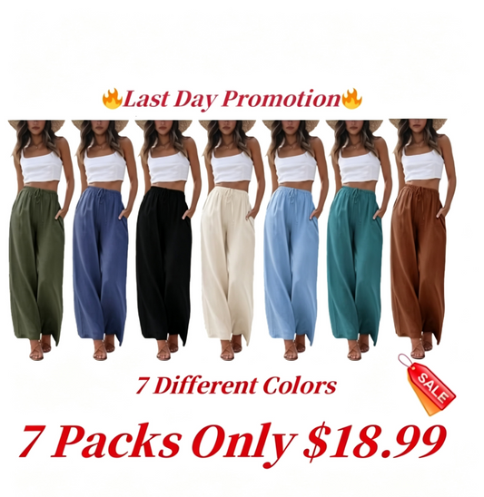 Women's Cotton Linen Summer Palazzo Pants Flowy Wide Leg Beach Trousers with Pockets