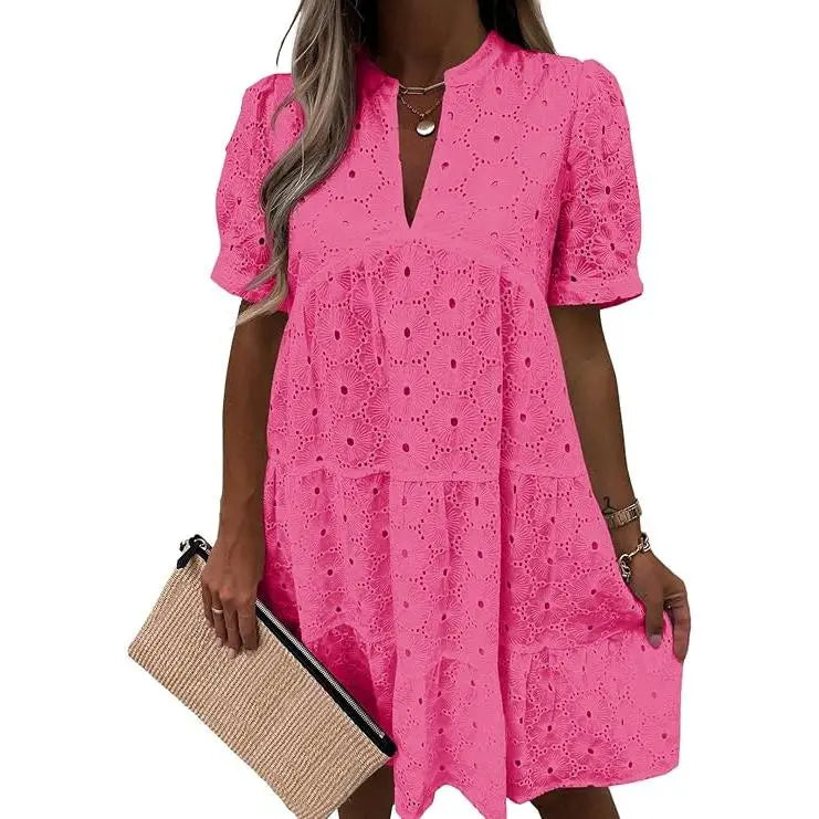 Women's Summer Lace Eyelet V-Neck Babydoll Dress