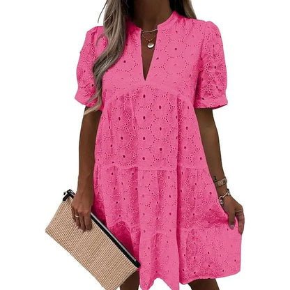Women's Summer Lace Eyelet V-Neck Babydoll Dress