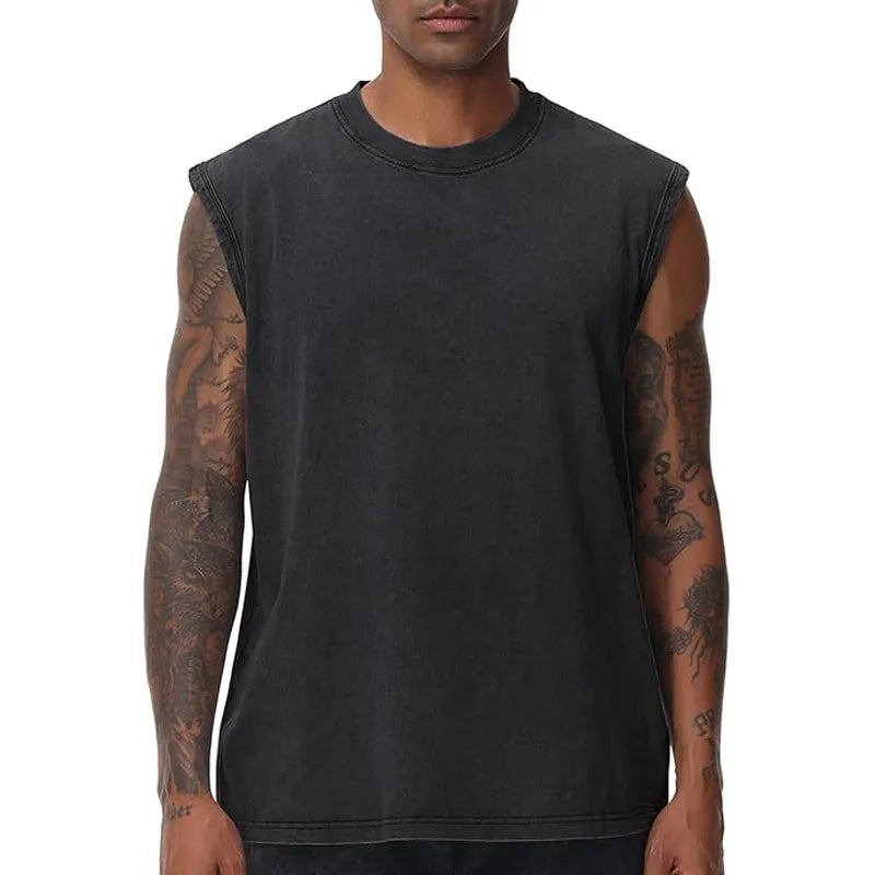 Men’s Vintage Acid-Wash Cotton Sleeveless Tank Top — Perfect for Gym Workouts, Sports & Beach Casual Wear