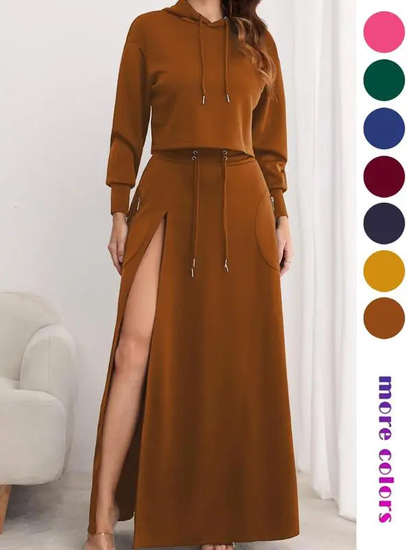 Women's Solid Drawstring Hoodie & Split Thigh Skirt Set, Long Sleeve Top & Pocket Long Skirt, Casual Fashion Cozy Co-ord Set, Women Clothes