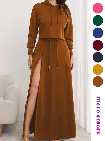 Women's Solid Drawstring Hoodie & Split Thigh Skirt Set, Long Sleeve Top & Pocket Long Skirt, Casual Fashion Cozy Co-ord Set, Women Clothes