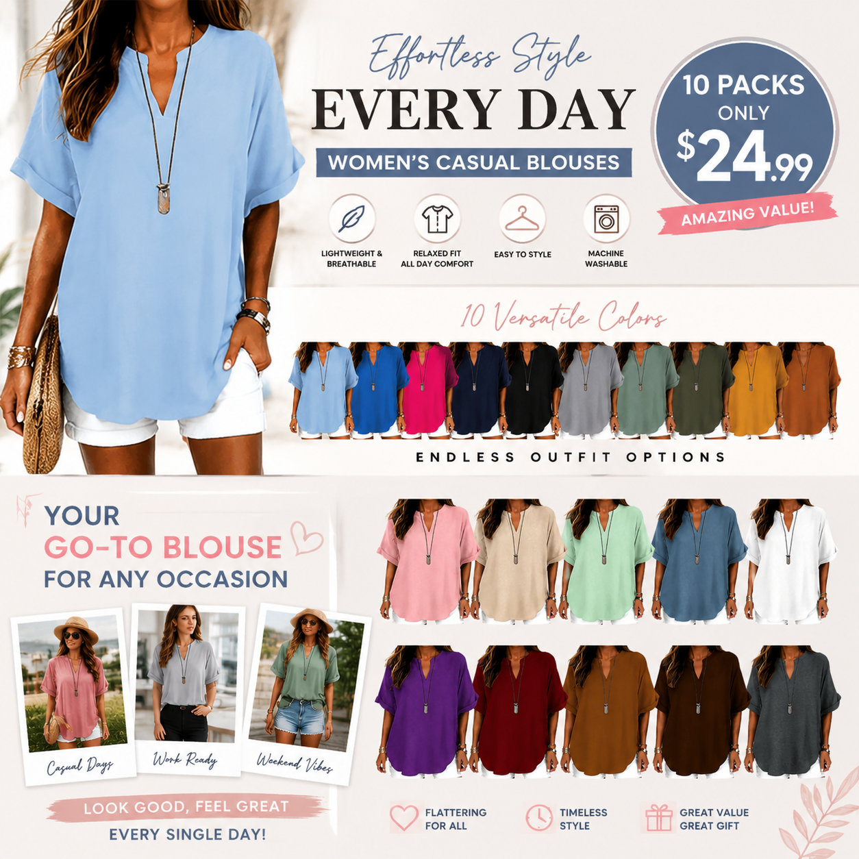 ⏰Final 3 hours 80% OFF🔥Women's Plain Short Sleeve Blouse, Casual Solid Color Top for Daily Wear, Ladies Clothes for All Seasons