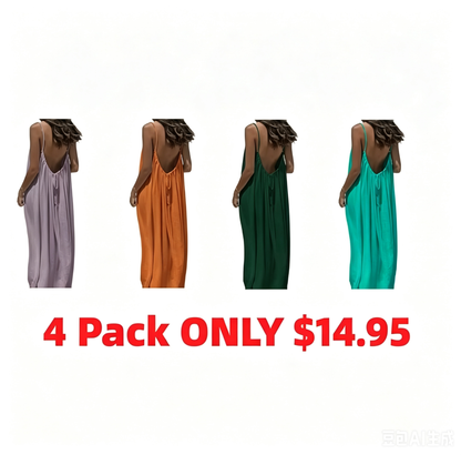 Women's Cotton Linen Backless Loose Dress with Pockets