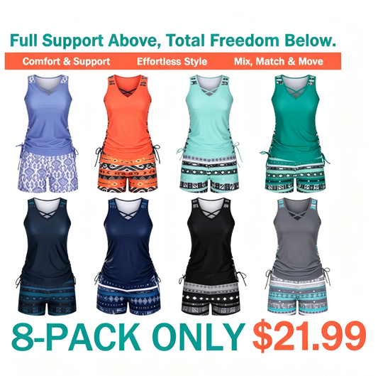 ⏰LAST DAY 90% OFF - Women's 2-Piece Tummy Control Tankini Set with Built-In Bra – Flattering Boho Swimwear with Shorts