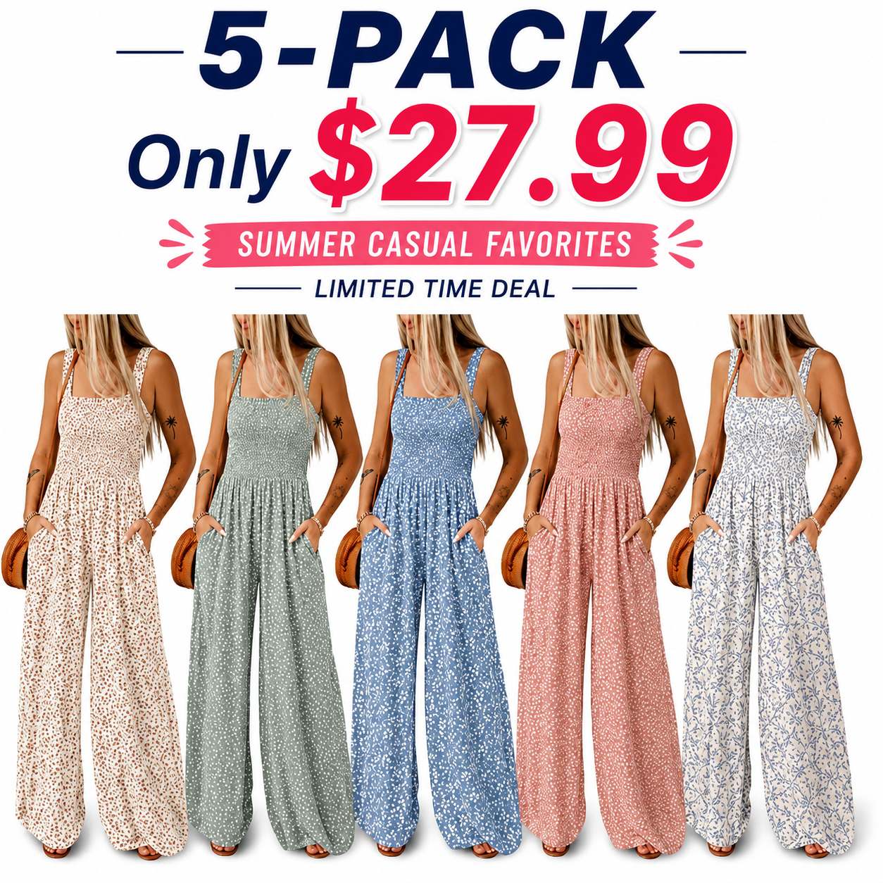 Women’s Casual Print Sleeveless Overalls Jumpsuits