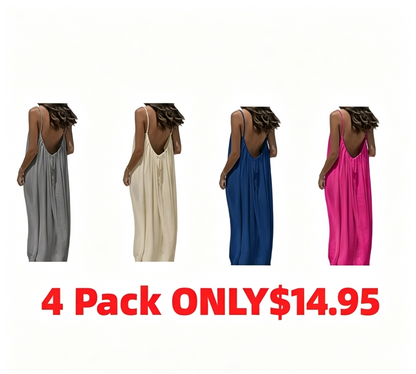 Women's Cotton Linen Backless Loose Dress with Pockets