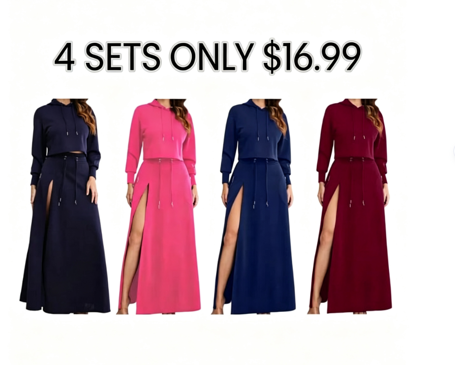 Women's Solid Drawstring Hoodie & Split Thigh Skirt Set, Long Sleeve Top & Pocket Long Skirt, Casual Fashion Cozy Co-ord Set, Women Clothes