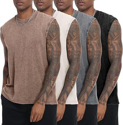 Men’s Vintage Acid-Wash Cotton Sleeveless Tank Top — Perfect for Gym Workouts, Sports & Beach Casual Wear