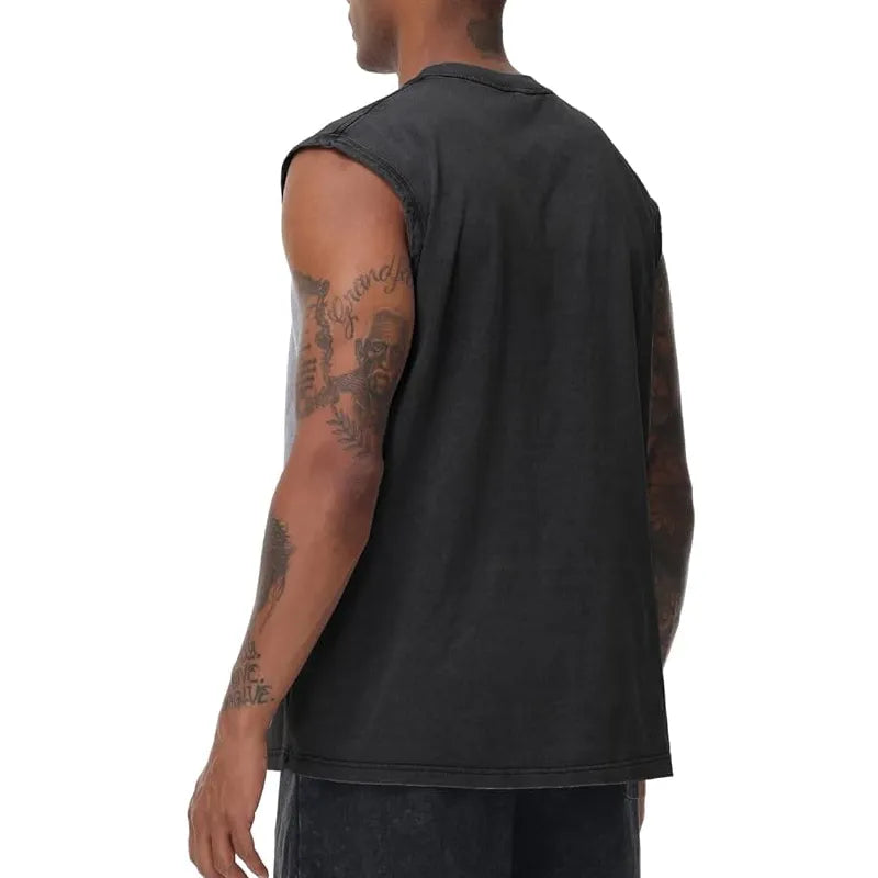 Men’s Vintage Acid-Wash Cotton Sleeveless Tank Top — Perfect for Gym Workouts, Sports & Beach Casual Wear