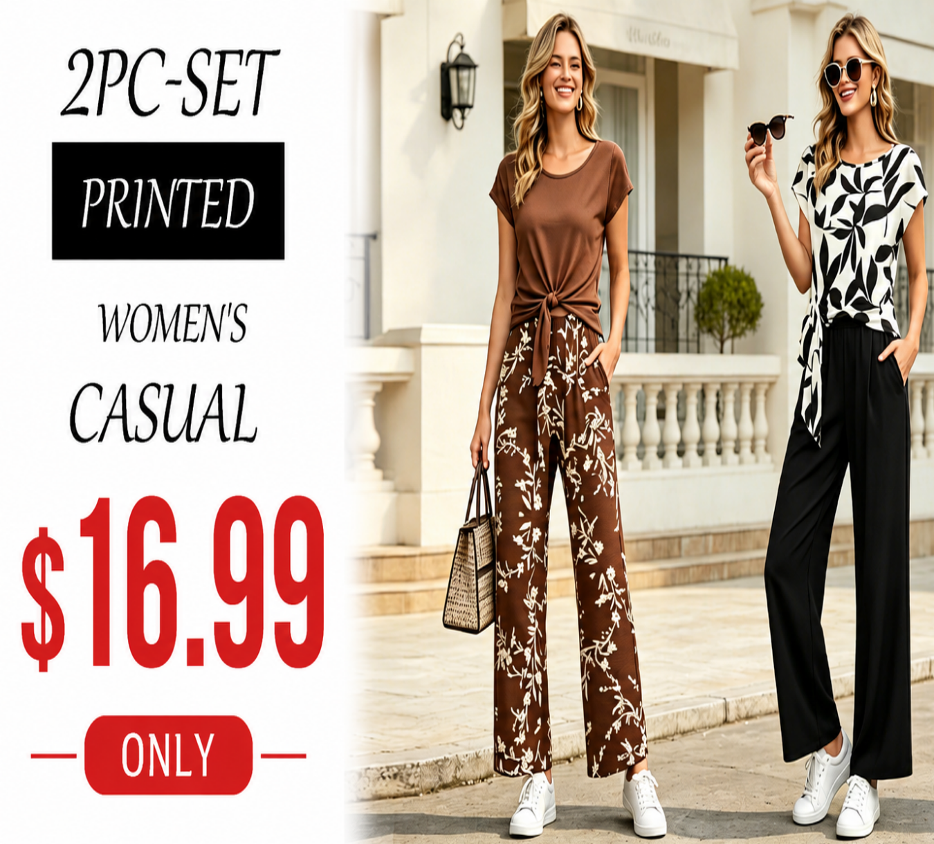 Women's Casual Printed Necktie Shirt and Loose Straight Pants Two-Piece Set