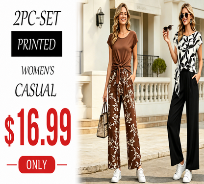 Women's Casual Printed Necktie Shirt and Loose Straight Pants Two-Piece Set
