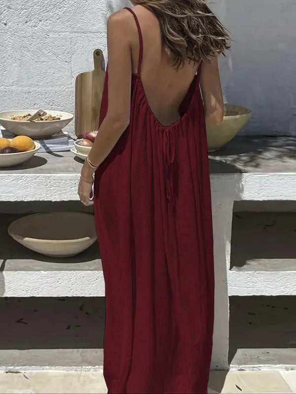 Women's Cotton Linen Backless Loose Dress with Pockets