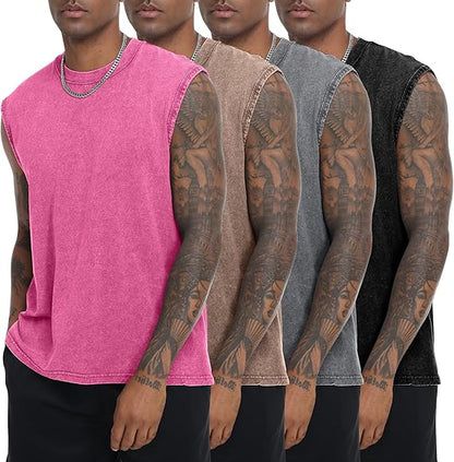 Men’s Vintage Acid-Wash Cotton Sleeveless Tank Top — Perfect for Gym Workouts, Sports & Beach Casual Wear