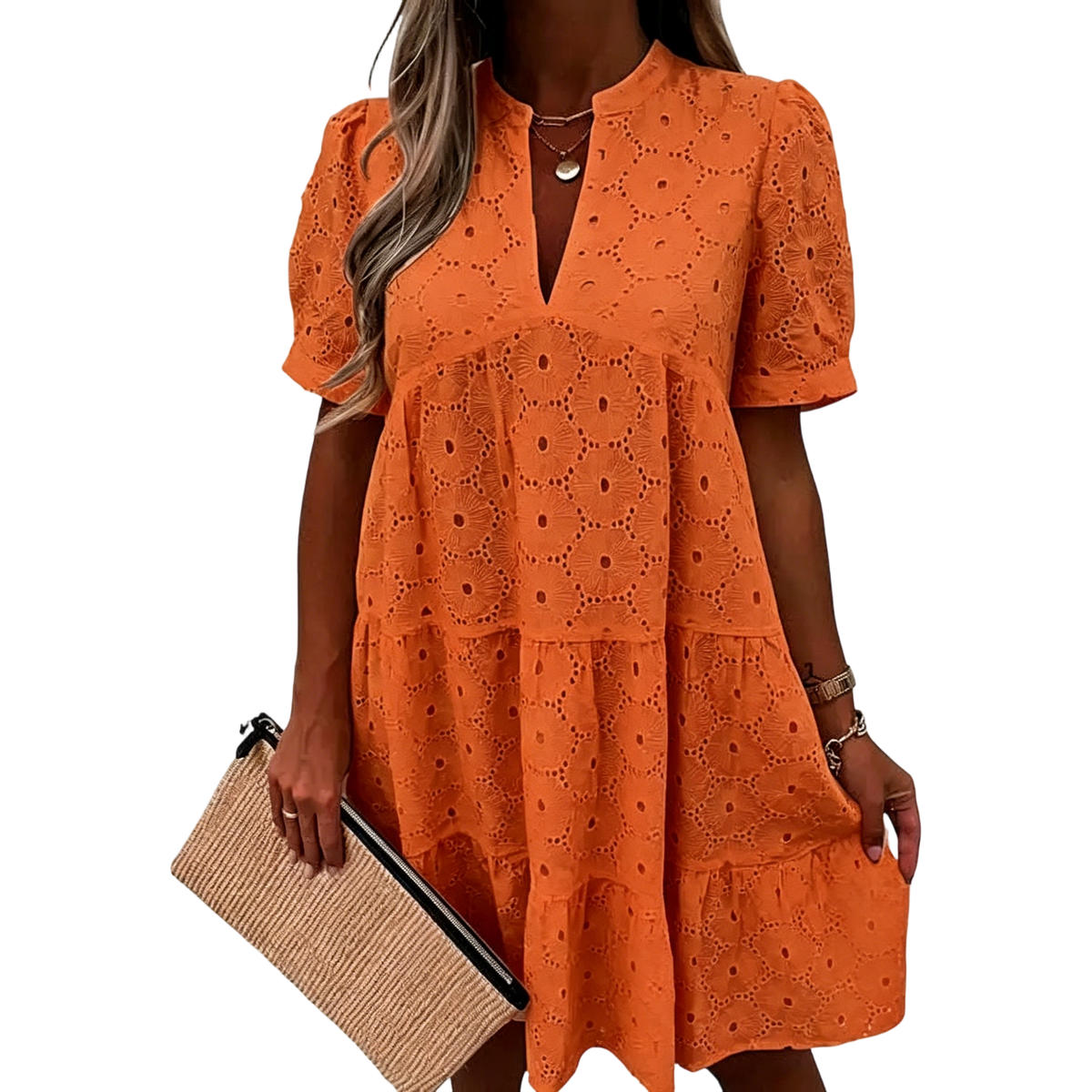 Women's Summer Lace Eyelet V-Neck Babydoll Dress