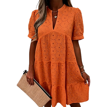 Women's Summer Lace Eyelet V-Neck Babydoll Dress