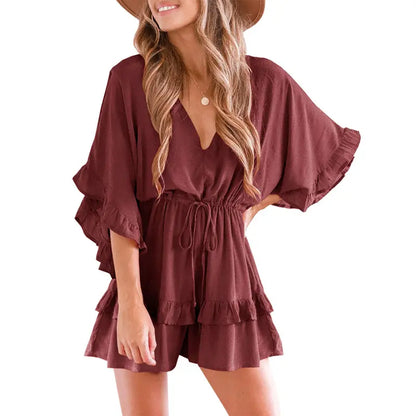 Women's V Neck Beach Romper Ruffle Layered Drawstring Waisted Shorts Jumpsuit Soft Stretchy Material Boho Holiday Dress