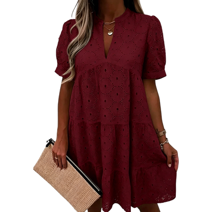 Women's Summer Lace Eyelet V-Neck Babydoll Dress