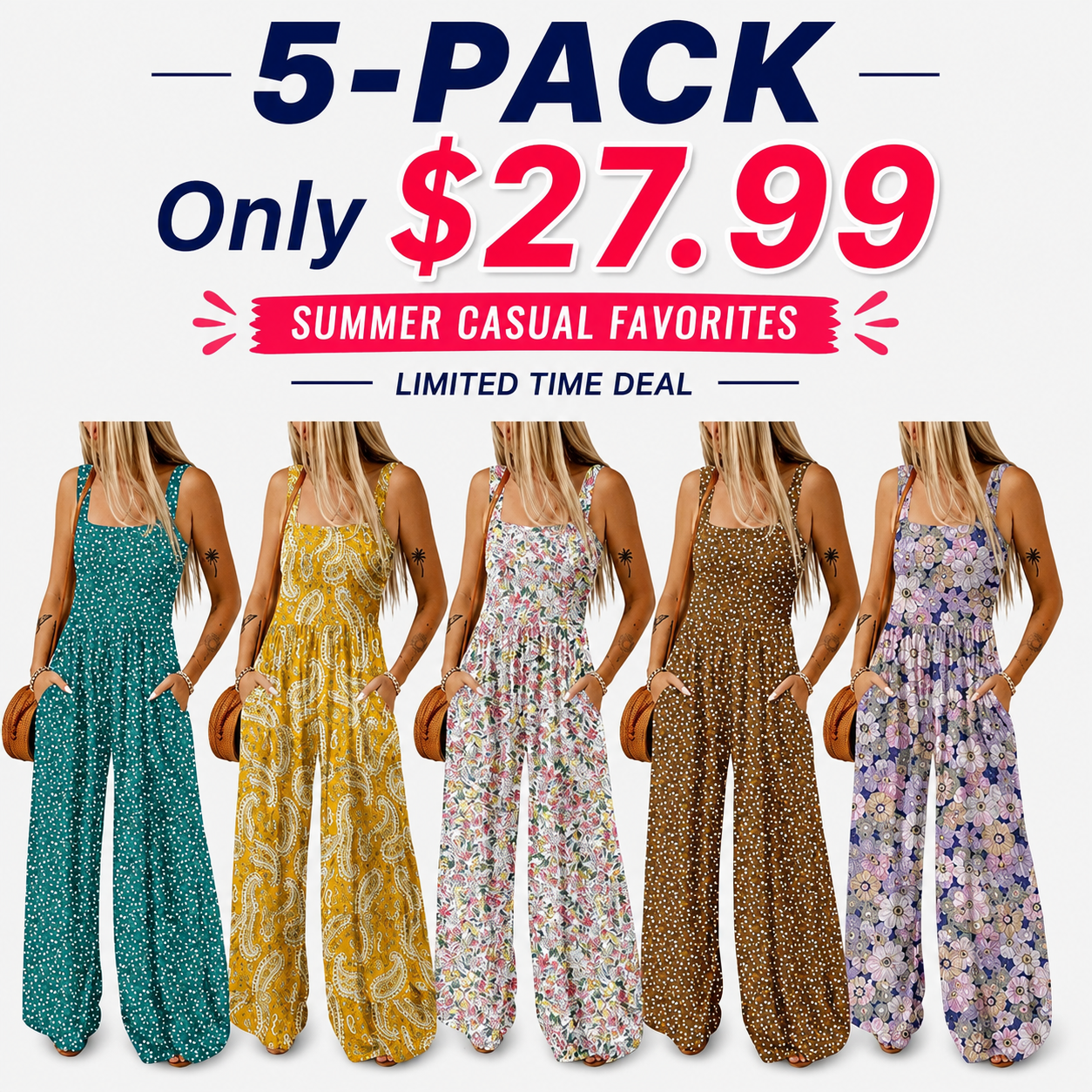 Women’s Casual Print Sleeveless Overalls Jumpsuits