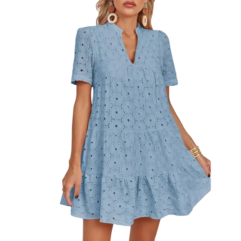 Women's Summer Lace Eyelet V-Neck Babydoll Dress