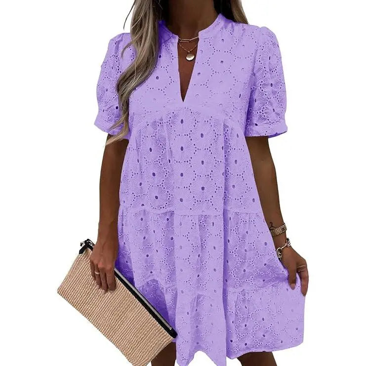 Women's Summer Lace Eyelet V-Neck Babydoll Dress