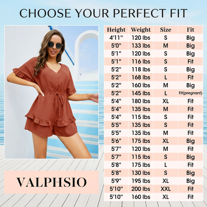 Women's V Neck Beach Romper Ruffle Layered Drawstring Waisted Shorts Jumpsuit Soft Stretchy Material Boho Holiday Dress