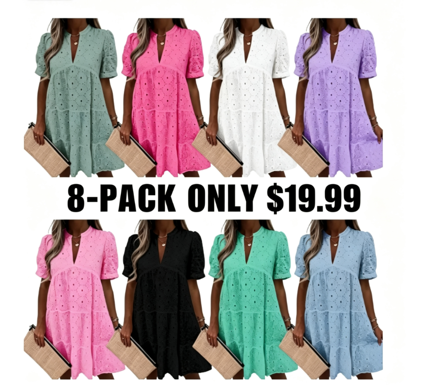 Women's Summer Lace Eyelet V-Neck Babydoll Dress