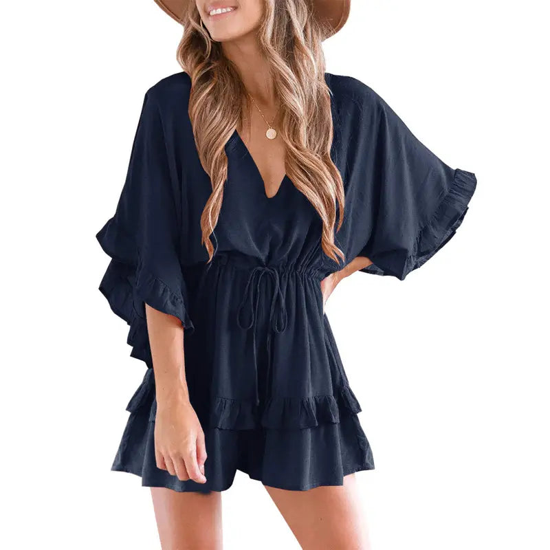 Women's V Neck Beach Romper Ruffle Layered Drawstring Waisted Shorts Jumpsuit Soft Stretchy Material Boho Holiday Dress