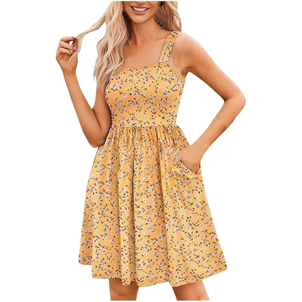 Women's Floral Square Neck Sleeveless Casual Dress with PocketsDresses Sundress🌸
