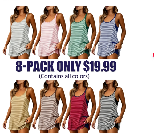 Women's Summer Athletic Mini Dress Sleeveless V Neck Built-in Shorts