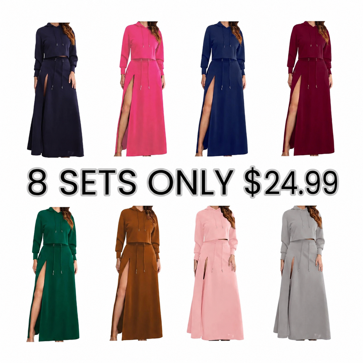 Women's Solid Drawstring Hoodie & Split Thigh Skirt Set, Long Sleeve Top & Pocket Long Skirt, Casual Fashion Cozy Co-ord Set, Women Clothes