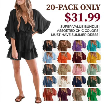 Women's V Neck Beach Romper Ruffle Layered Drawstring Waisted Shorts Jumpsuit Soft Stretchy Material Boho Holiday Dress