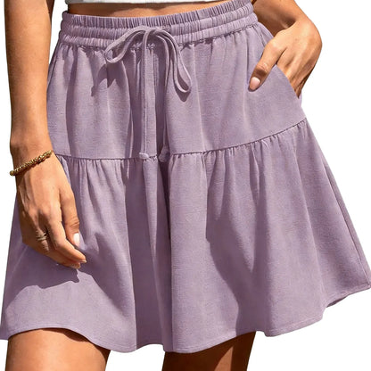 Women's Linen Blend Wide Leg Flowy Culotte Shorts Drawstring Loose Fit Summer Casual Lightweight Comfy Vacation Wear