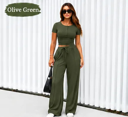 ⚡FINAL SALE⚡- Women's 2-Piece Outfits Summer Short Sleeve Crop Slim Fit Tops & Wide Leg Pants