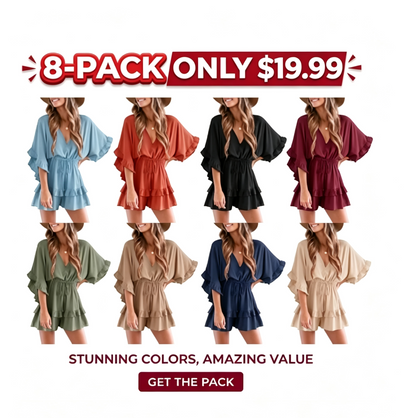Women's V Neck Beach Romper Ruffle Layered Drawstring Waisted Shorts Jumpsuit Soft Stretchy Material Boho Holiday Dress