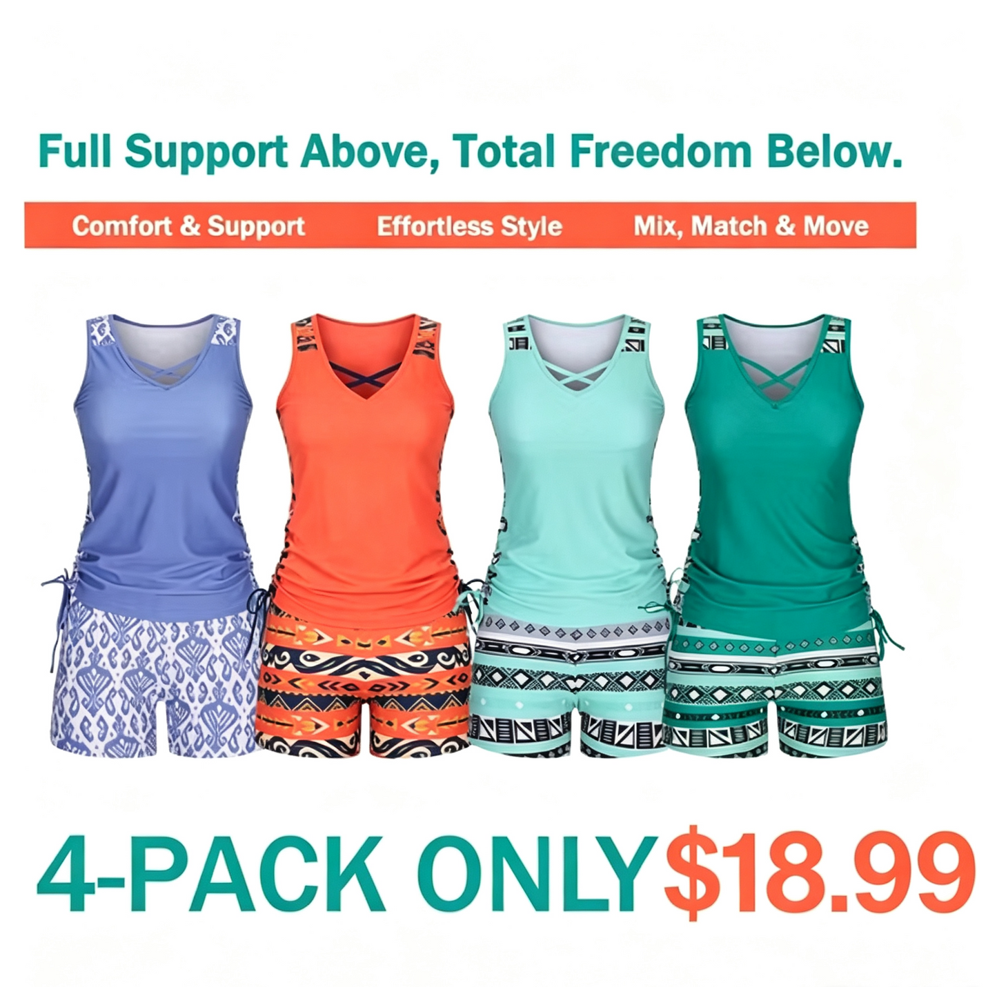 ⏰LAST DAY 90% OFF - Women's 2-Piece Tummy Control Tankini Set with Built-In Bra – Flattering Boho Swimwear with Shorts
