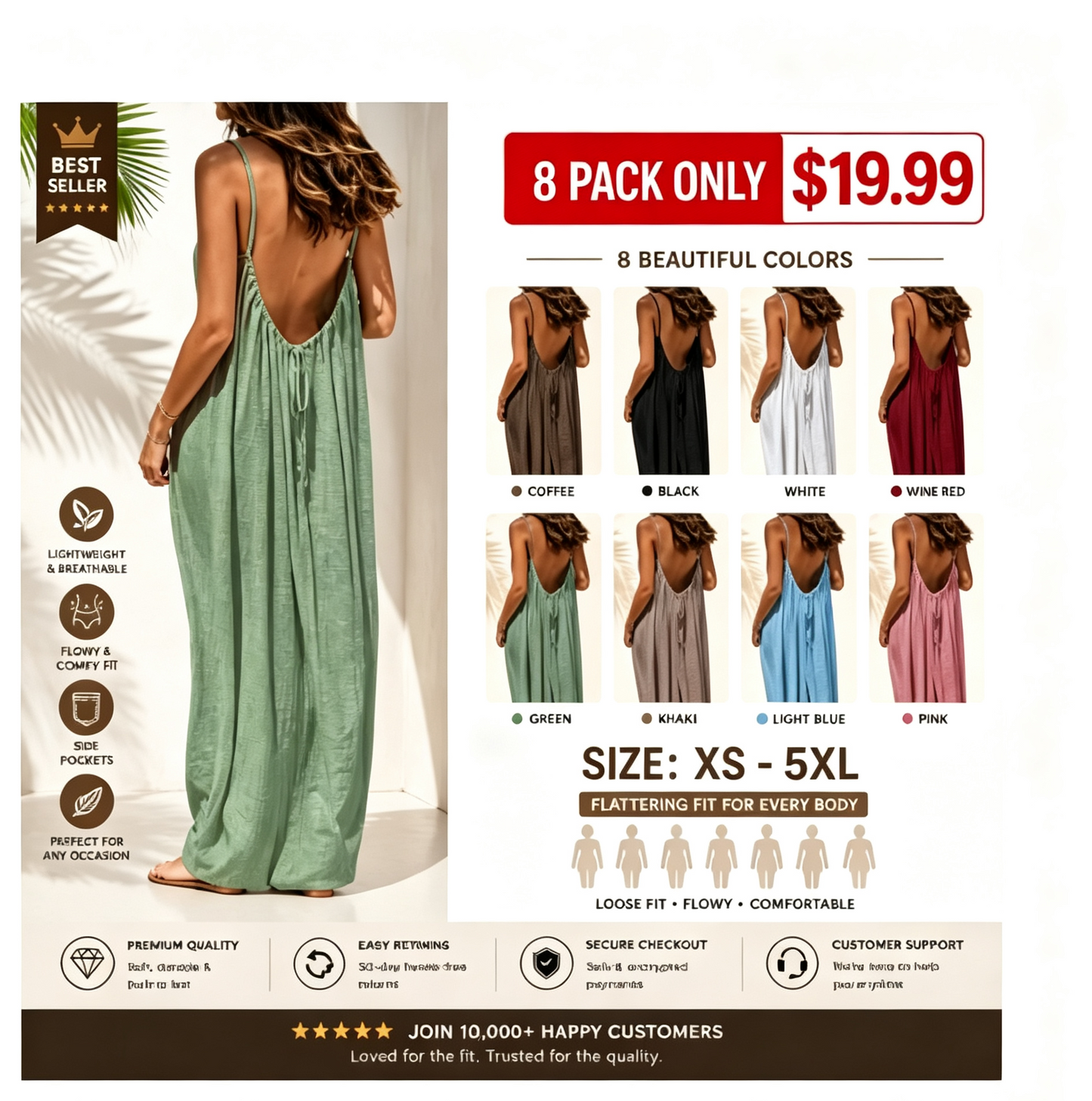 Women's Cotton Linen Backless Loose Dress with Pockets