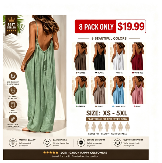 Women's Cotton Linen Backless Loose Dress with Pockets