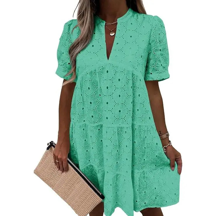 Women's Summer Lace Eyelet V-Neck Babydoll Dress
