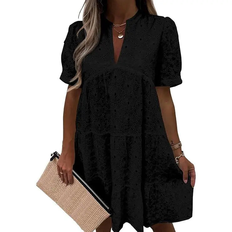 Women's Summer Lace Eyelet V-Neck Babydoll Dress