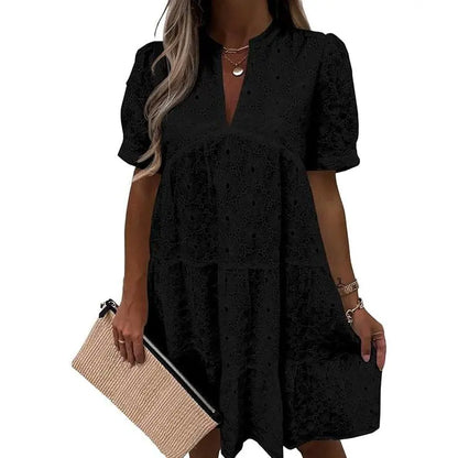 Women's Summer Lace Eyelet V-Neck Babydoll Dress