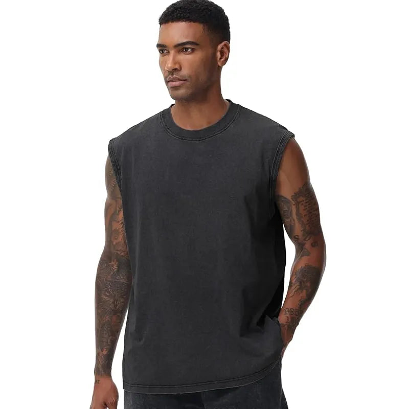 Men’s Vintage Acid-Wash Cotton Sleeveless Tank Top — Perfect for Gym Workouts, Sports & Beach Casual Wear