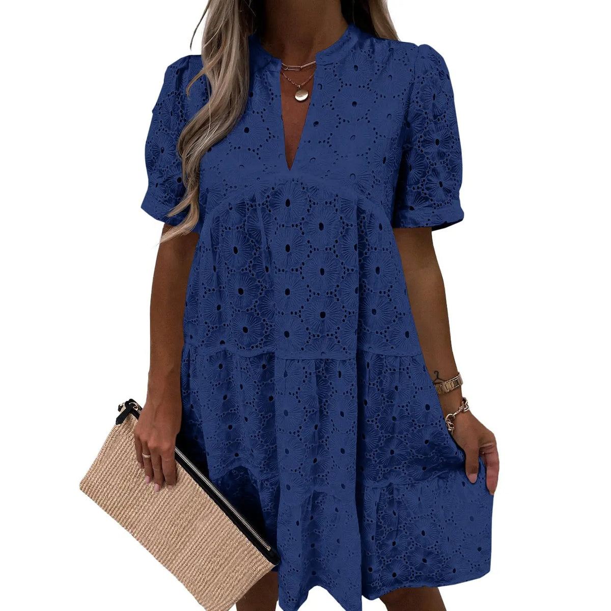 Women's Summer Lace Eyelet V-Neck Babydoll Dress