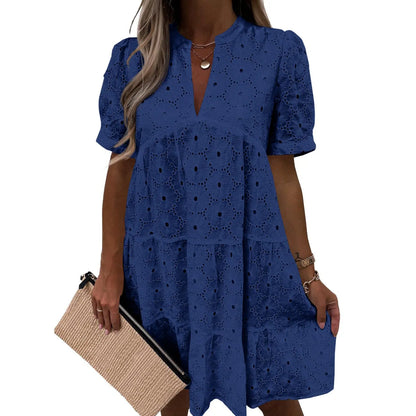 Women's Summer Lace Eyelet V-Neck Babydoll Dress