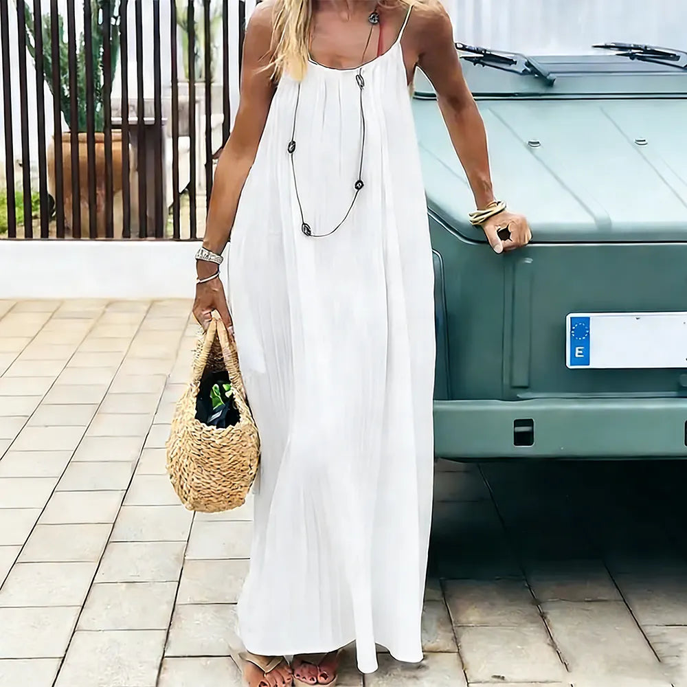 Women's Cotton Linen Backless Loose Dress with Pockets